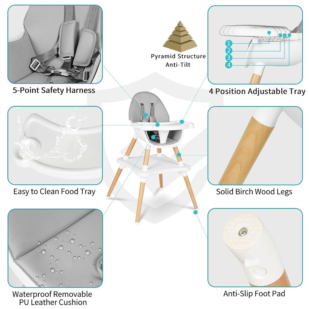 6 in 1 High Chair for Babies & Toddlers, Convertible Wooden Baby Highchair, Table and Chair Set, Baby Feeding Chair, 5-Point Adjustable Harness/4-Position Removable Tray& PU Seat Cushion(Grey)