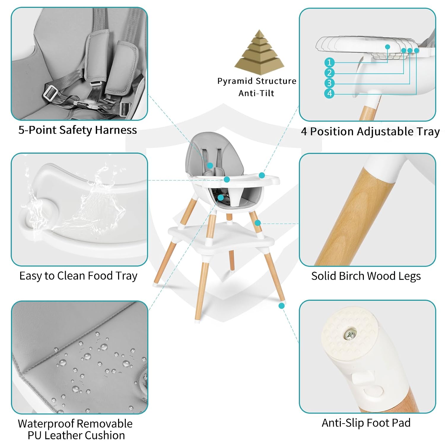 6 in 1 High Chair for Babies & Toddlers, Convertible Wooden Baby Highchair, Table and Chair Set, Baby Feeding Chair, 5-Point Adjustable Harness/4-Position Removable Tray& PU Seat Cushion(Grey)