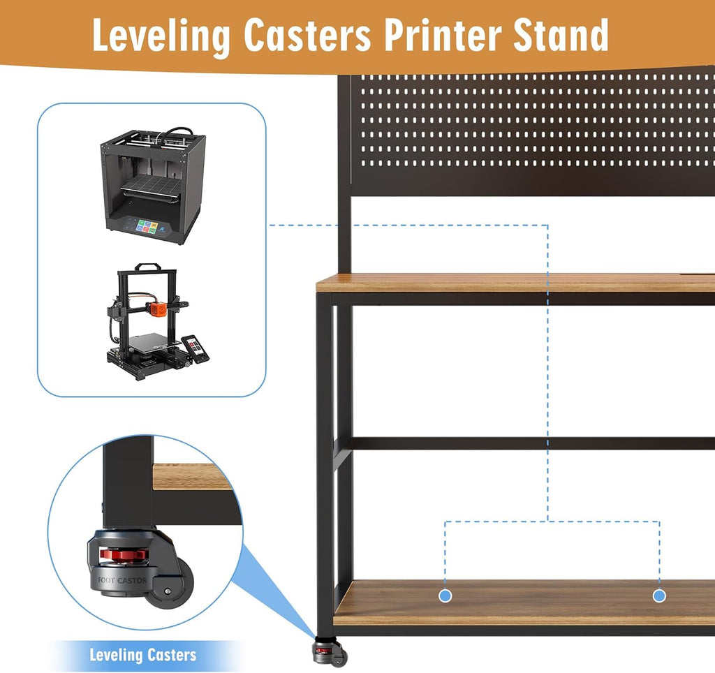 3D Printer Stand with Filament Storage Workstation, Large Mobile 3D Printer Workbench with AC/USB Power Hub and LED Lights, Heavy Duty Printer Desk with Pegboard for Studio Garage, Brown, Big