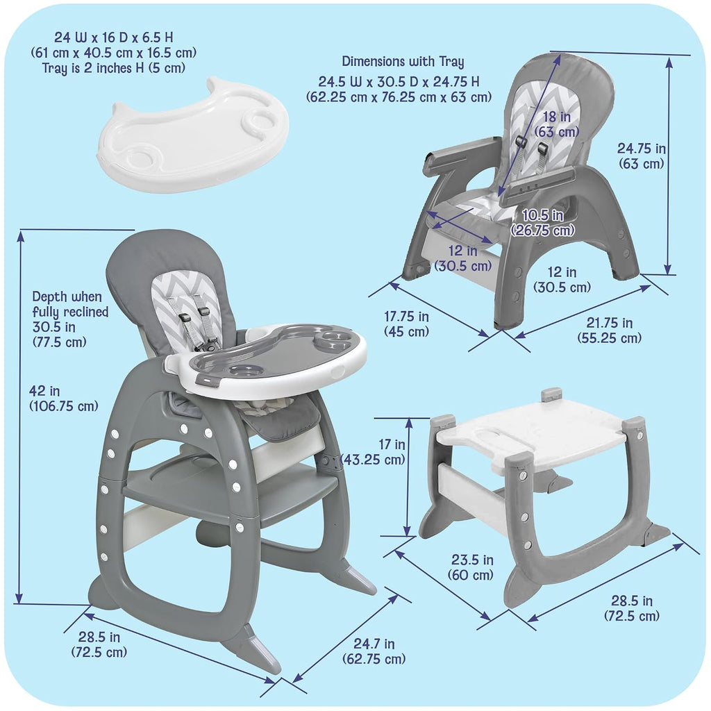Badger Basket Envee II Baby High Chair with Playtable Conversion – Gray Chevron, 5-Point Harness, Dishwasher Safe Tray, Machine Washable Cushion