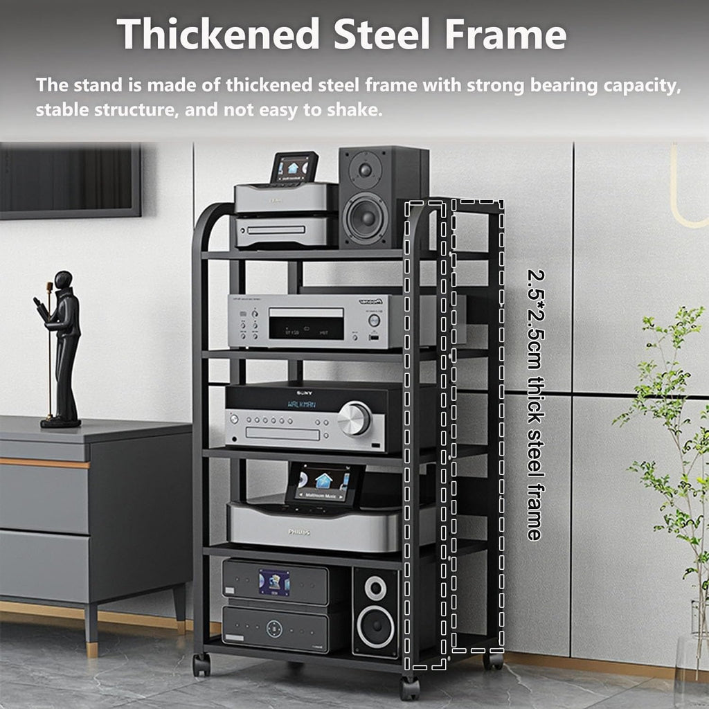 5-Tier AV Media Stand with Wheels, Audio-Video Shelving Adjustable, Modern Stereo Cabinet Receiver Console Shelf, Audio Component Rack for Home/Office/Theater, Blcak