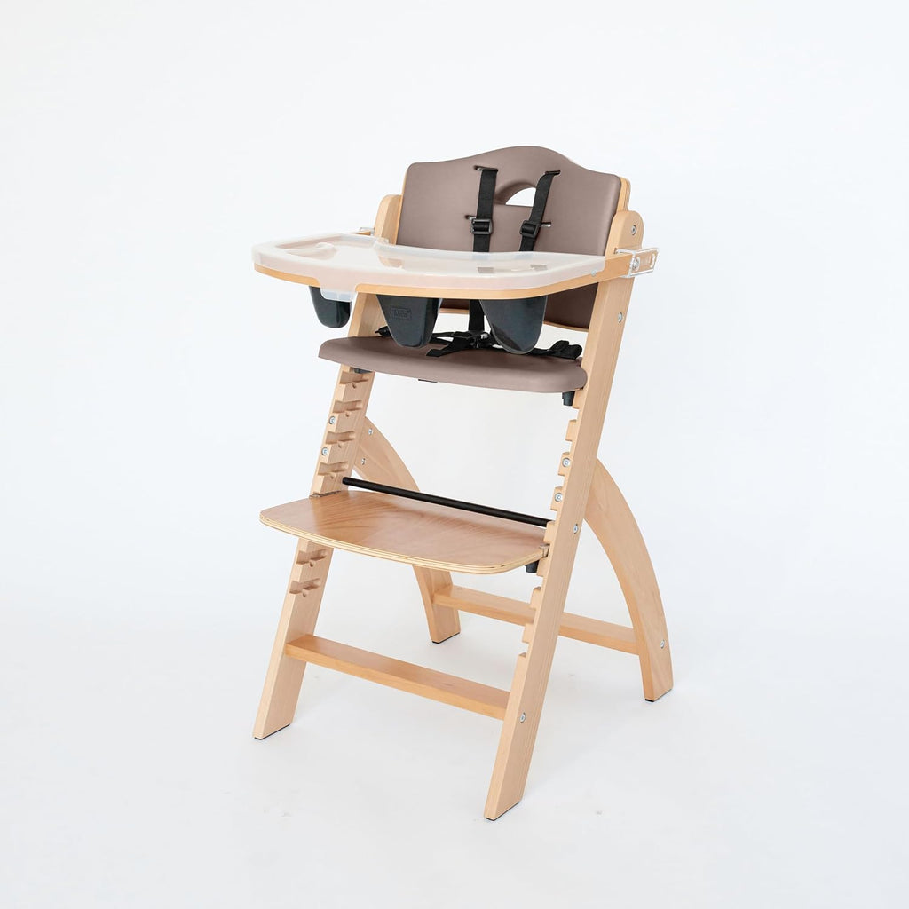 Abiie Beyond Junior Wooden High Chair for Babies and Toddlers - Convertible 3-in-1 Baby Highchair with Removable Tray - 6 Months to 250 Lb - Water Resistant - Natural Wood with Soft Mocha Cushion