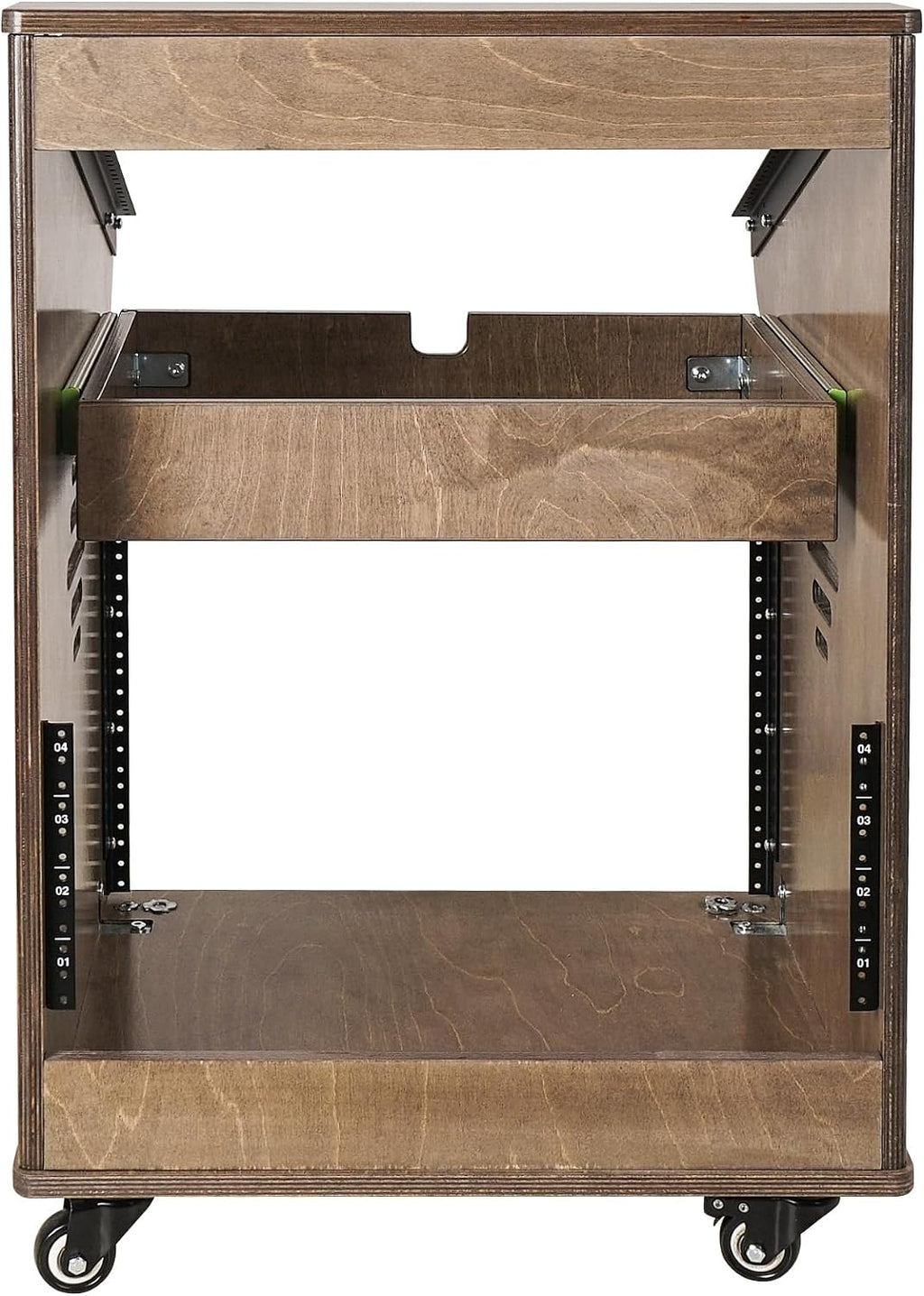 Sound Town DIY Solid Baltic Birch Plywood Studio Rack with 11U Slant Mixer Top, 8U Front, 2U Drawer, Rubber Feet, Casters, Weathered Brown (SDRK-M11X8B)