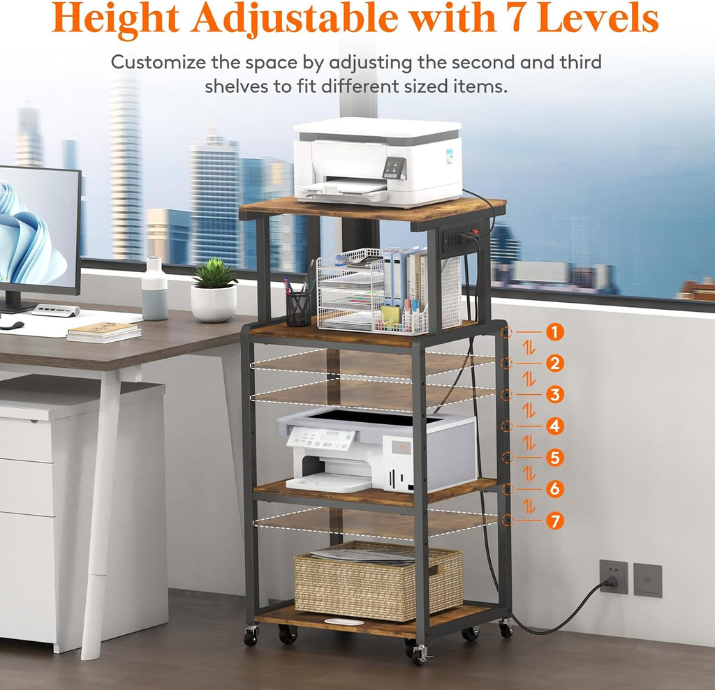 Lifewit 4 Tier Printer Stand with 3 Power Outlets, Wheels and Adjustable Storage Shelf for Home Office, Rolling Printer Cart for Shredder, Scanner, Fax, Hold 340lbs, Rustic Brown