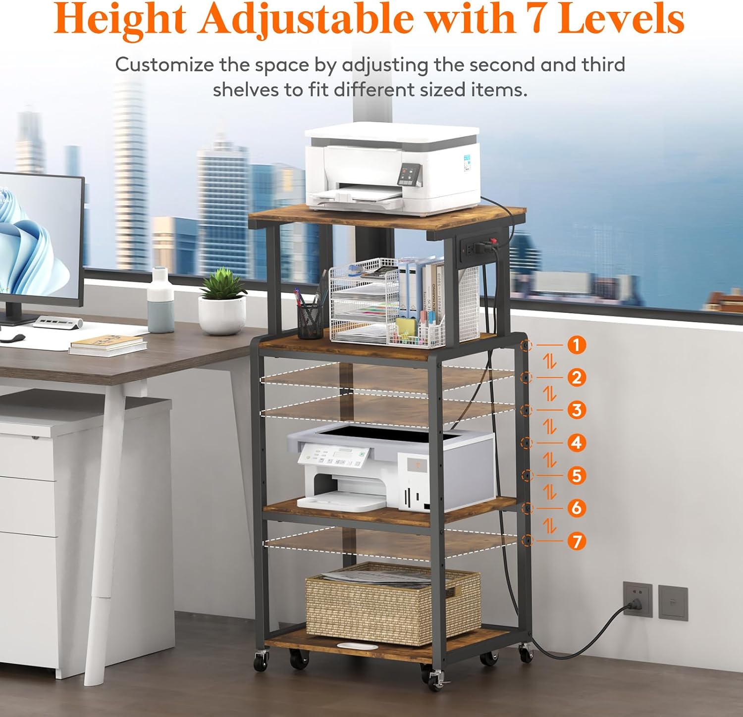 Lifewit 4 Tier Printer Stand with 3 Power Outlets, Wheels and Adjustable Storage Shelf for Home Office, Rolling Printer Cart for Shredder, Scanner, Fax, Hold 340lbs, Rustic Brown
