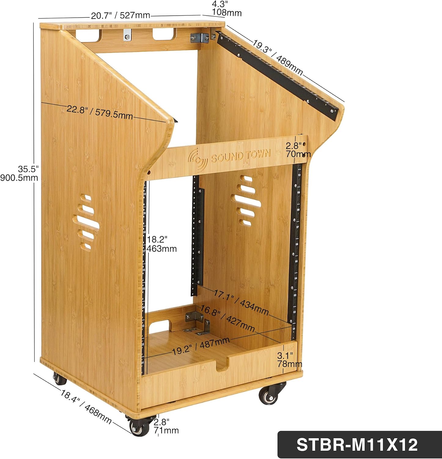 Sound Town DIY Solid Carbonized Bamboo Studio Rack with 11U Slant Mixer Top, 10U Front Rack, 2U Bottom Storage, Casters, Rubber Feet, for Recording Room, PA/DJ Equipment, Home-Audio (STBR-M11X12)