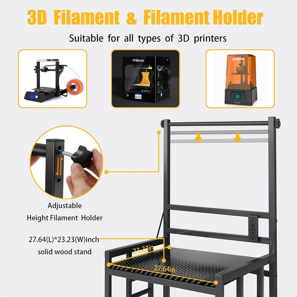 3D Printer Table with Filament Storage Printer Stand with Power Outlet,Heavy Duty 3D Printer Storage rack for ABS, PLA, TPU Filament Spools, Home Offices and Studios Carbon Fiber Black