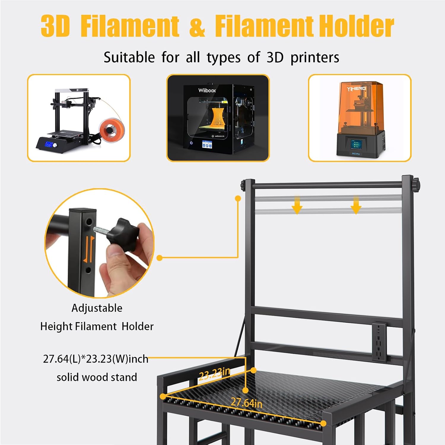 3D Printer Table with Filament Storage Printer Stand with Power Outlet,Heavy Duty 3D Printer Storage rack for ABS, PLA, TPU Filament Spools, Home Offices and Studios Carbon Fiber Black