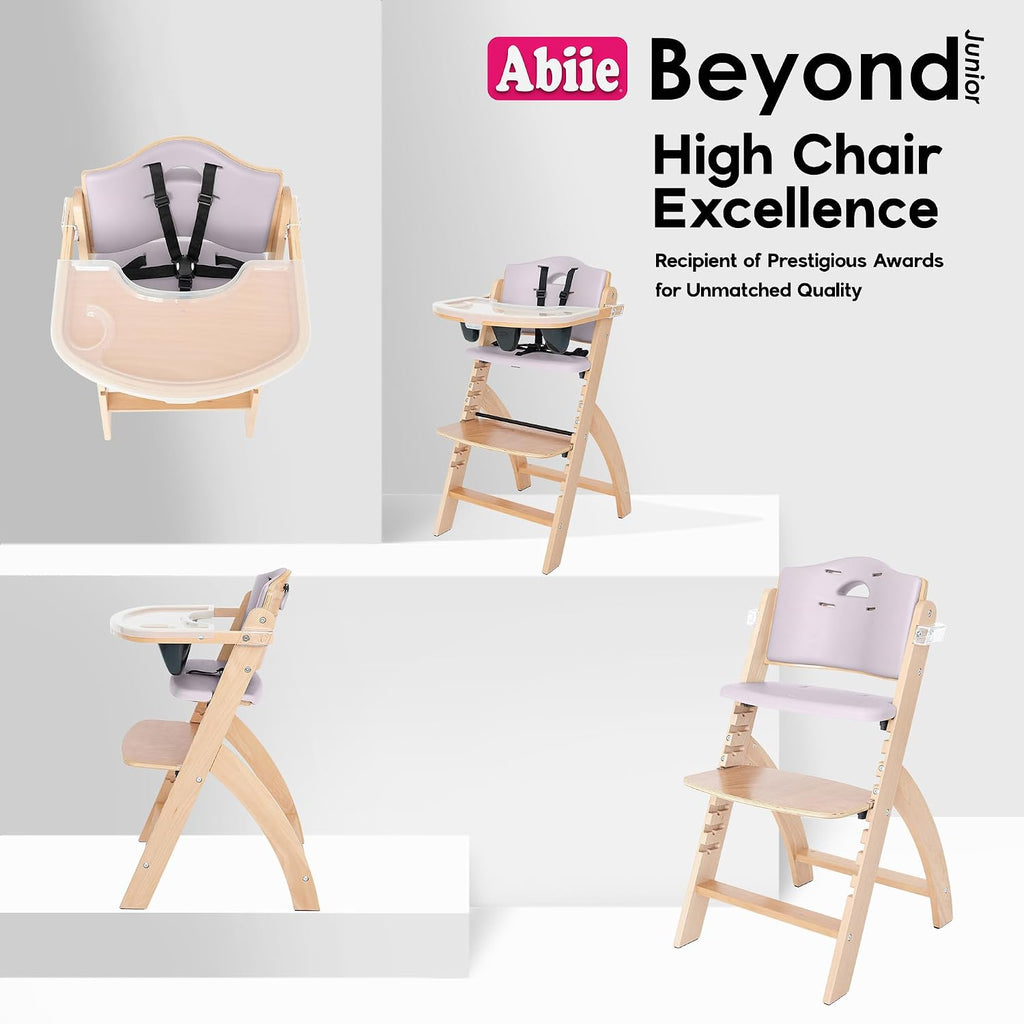 Abiie Beyond Junior Wooden High Chair for Babies and Toddlers - Convertible 3-in-1 Baby Highchair with Removable Tray - 6 Months to 250 Lb - Water Resistant - Natural Wood with Lilac Cushion