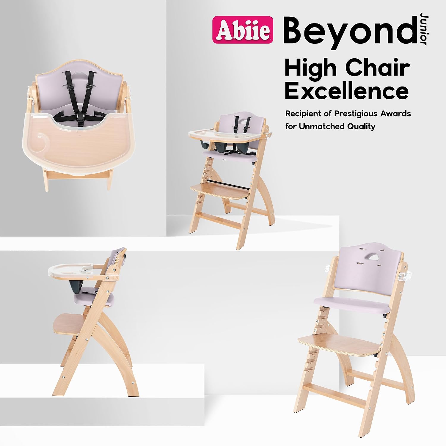 Abiie Beyond Junior Wooden High Chair for Babies and Toddlers - Convertible 3-in-1 Baby Highchair with Removable Tray - 6 Months to 250 Lb - Water Resistant - Natural Wood with Lilac Cushion