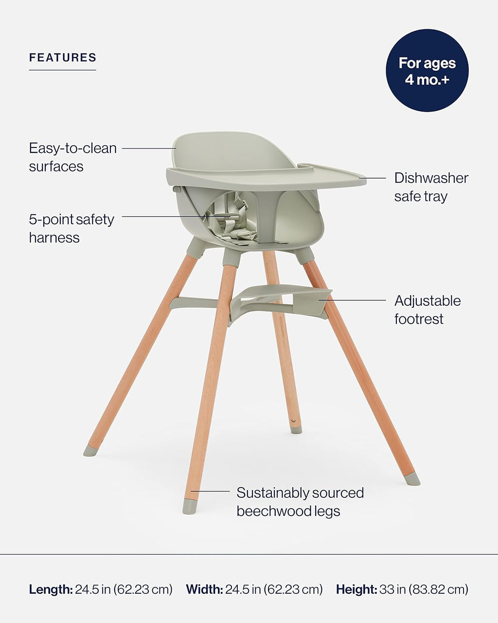 Lalo The Chair Convertible 3-in-1 High Chair for Babies & Toddlers, Dishwasher Safe Tray, Adjustable Footrest, Sage