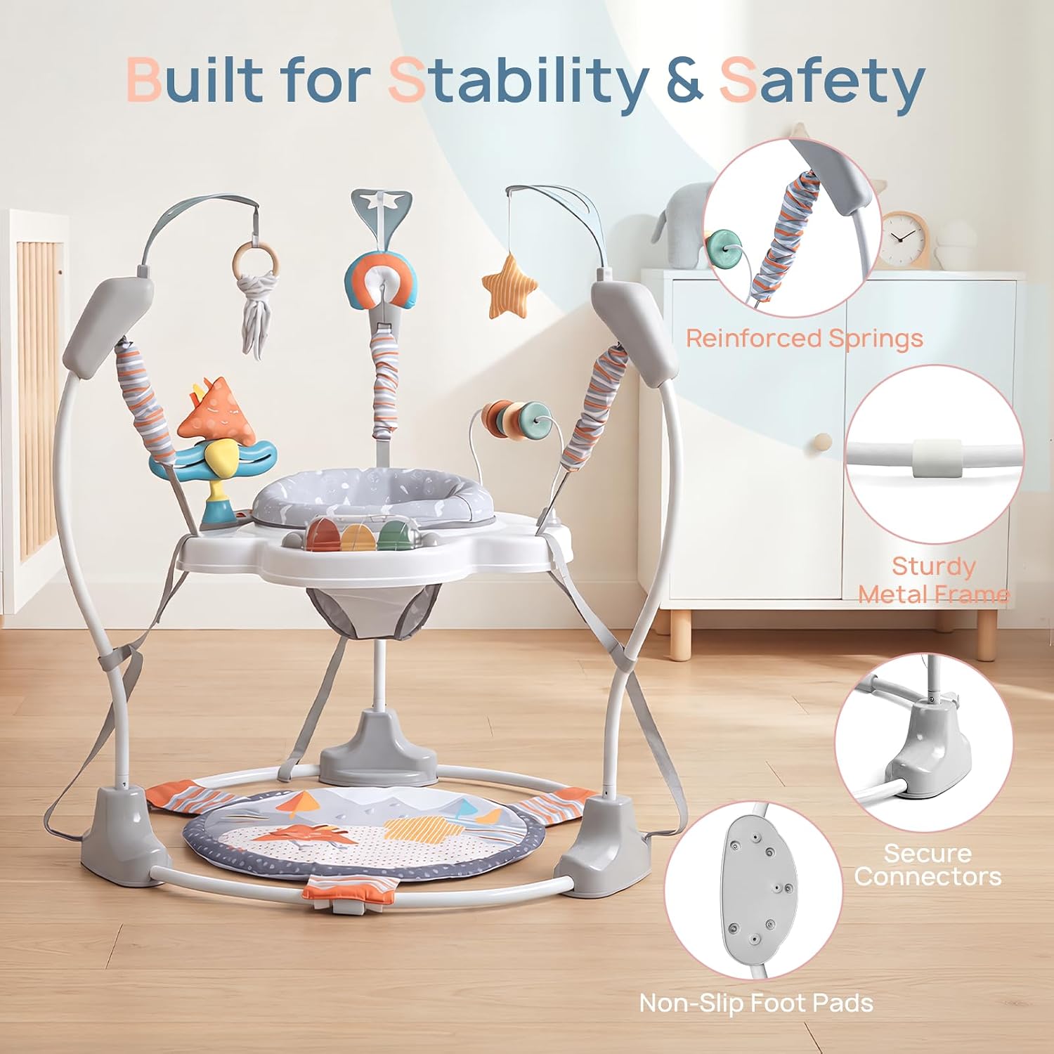 Baby Activity Center, Baby Jumper Activity Center with Music, Interactive Toys, 360° Rotating Seat, 3 Adjustable Heights, Infant Activity Jumper for 6+ Months (Gray Forest)