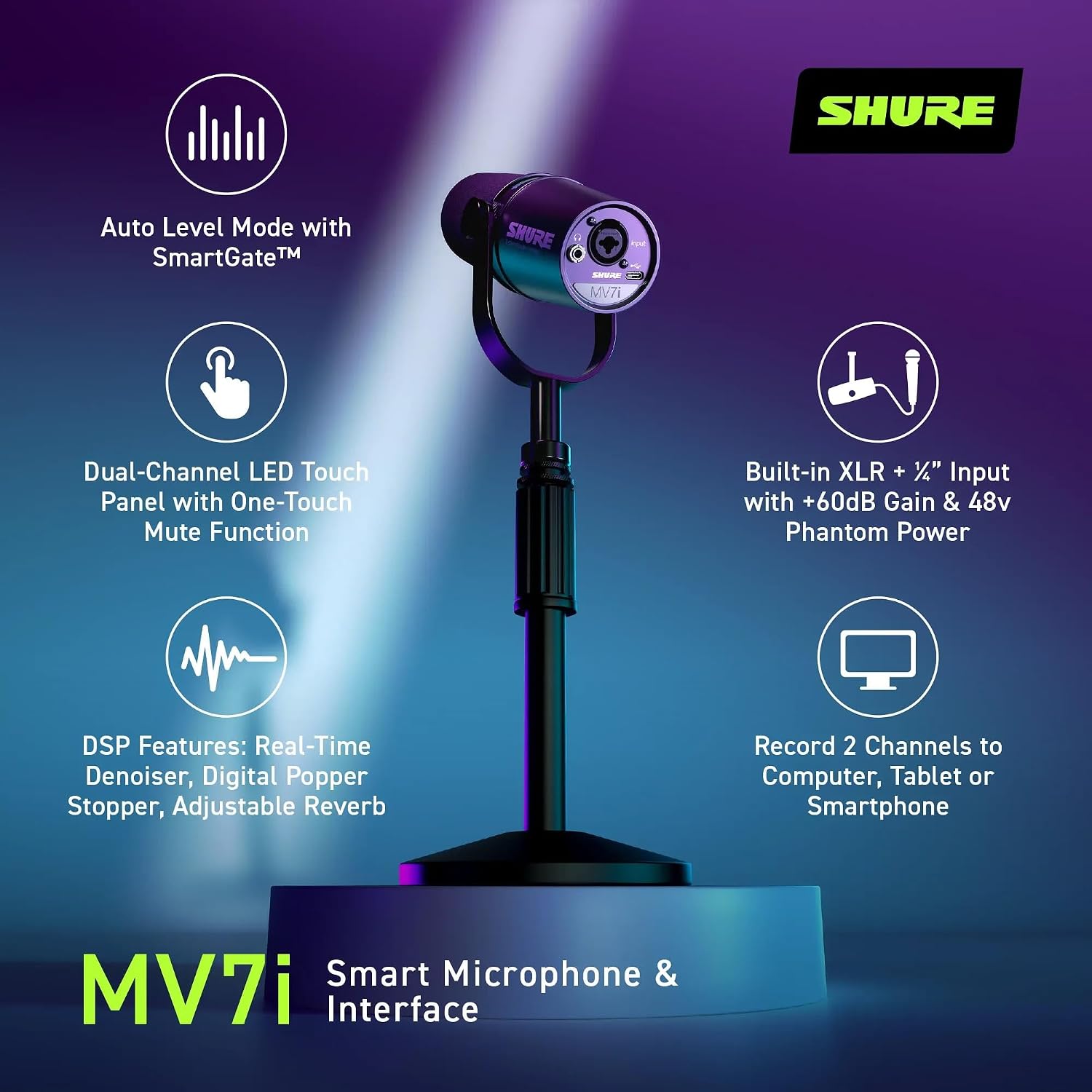 Shure MV7i Smart Microphone – USB-C & XLR Mic for Podcasting, Music & Streaming with Built-in Audio Interface, Auto Level Mode, Advanced DSP, All-Metal Design, Black