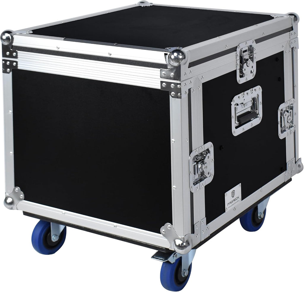 PRORECK 8U Rack/Road Case With Slant Mixer Top, And Casters, 20'' Rackable Depth, Plywood, 8U Installation Size, Pro Stage Performance.