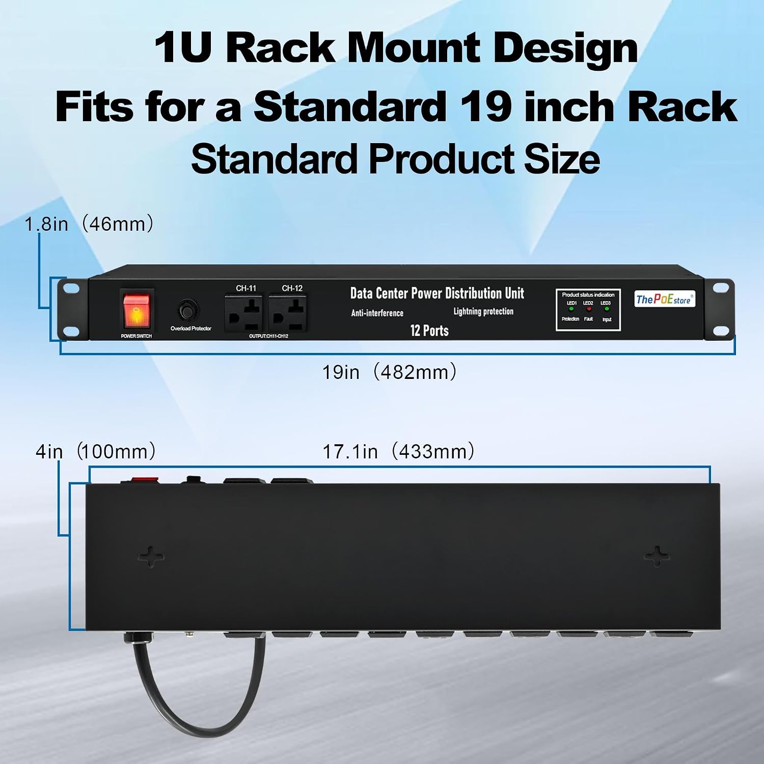 1U PDU Network Servers Surge Protector Power Distribution Unit 12-Outlet, 120V 20A, 3600 Joules 10KA,19″ Rack Mount Power Strip,Heavy-Duty 12AWG 16 ft Cord,w/AC Filter, by ThePoEstore