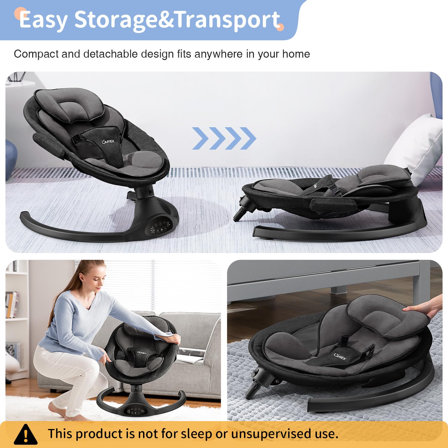 LAREX Baby Swing Infant Swing Electric Toddler Baby Rocker Portable for Newborn Boy Girl, 5 Sway Speeds with Remote Control, 10 Preset Melodies and Bluetooth, 0-6 Months Max 20 Lbs