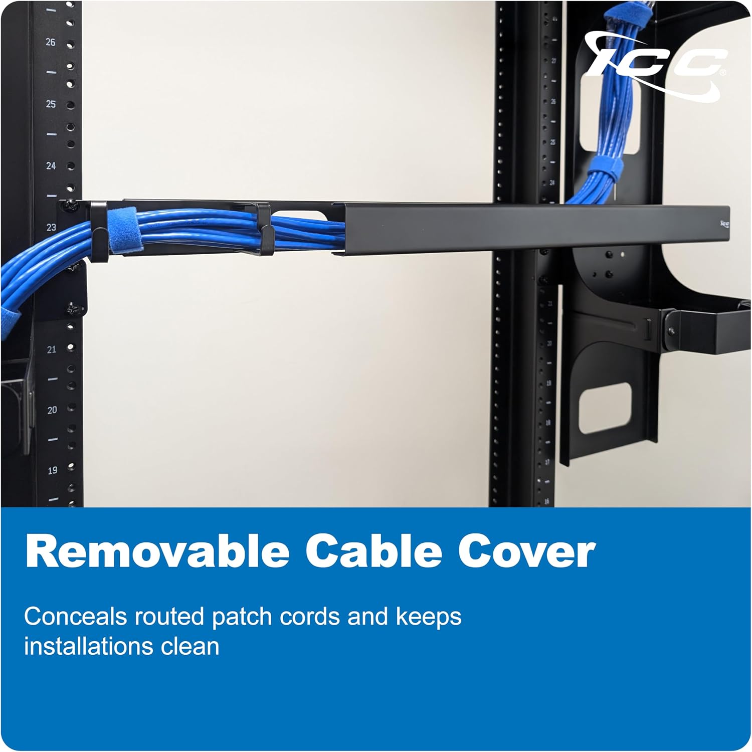 ICC 1U Ring Cable Manager Panel with Cover, Metal, 3' Cable Distribution D Rings, Horizontal Cable Management, Rackmount for 19' Network Racks, Black, 6-Pack