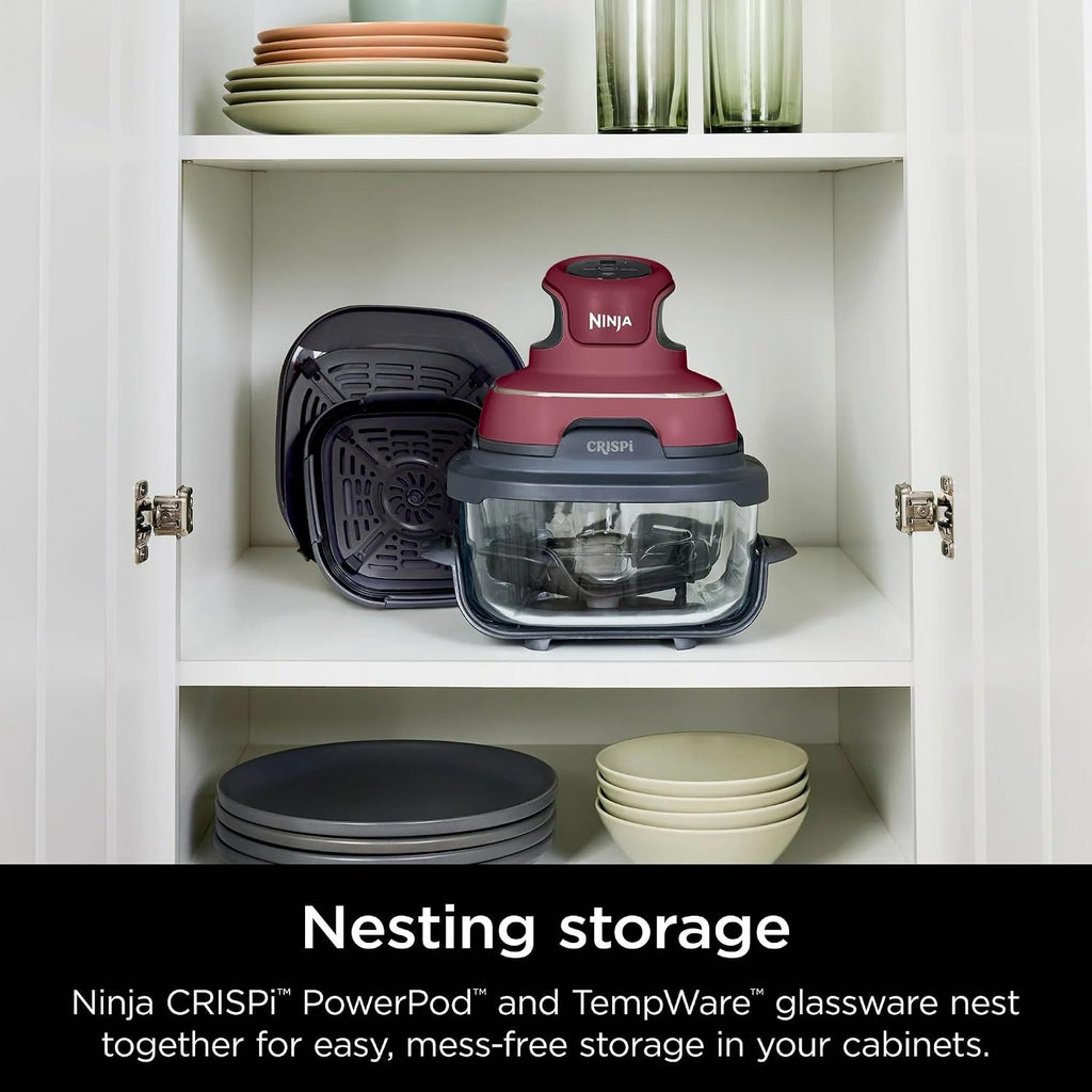 Ninja FN100RD Crispi Air Fryer, Microwave, Freezer & Dishwasher Safe, Non Toxic Glass Portable Cooking System, 4 QT & 5 Cup Glass Containers with Storage Lids, Easy Meals, Cherry (Renewed)