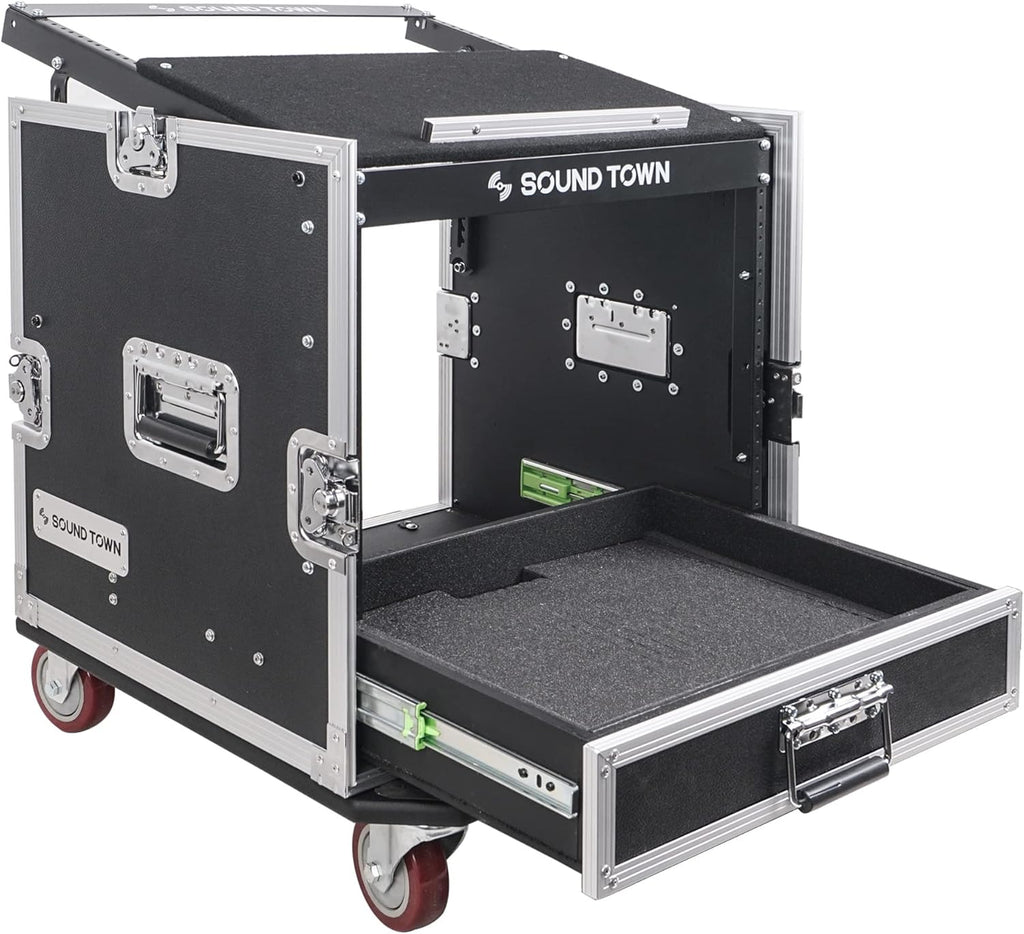 Sound Town 10U PA DJ Pro Audio Rack/Road ATA Case with 2U Drawer, 11U Slant Mixer Top, DJ Work Table, Casters, Pro Tour Grade (MR-DR10U)
