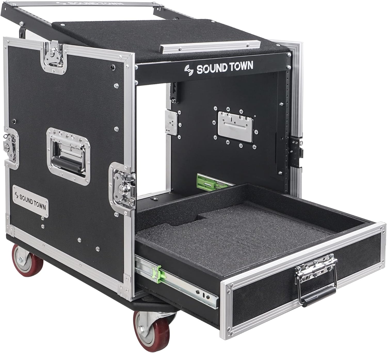 Sound Town 10U PA DJ Pro Audio Rack/Road ATA Case with 2U Drawer, 11U Slant Mixer Top, DJ Work Table, Casters, Pro Tour Grade (MR-DR10U)