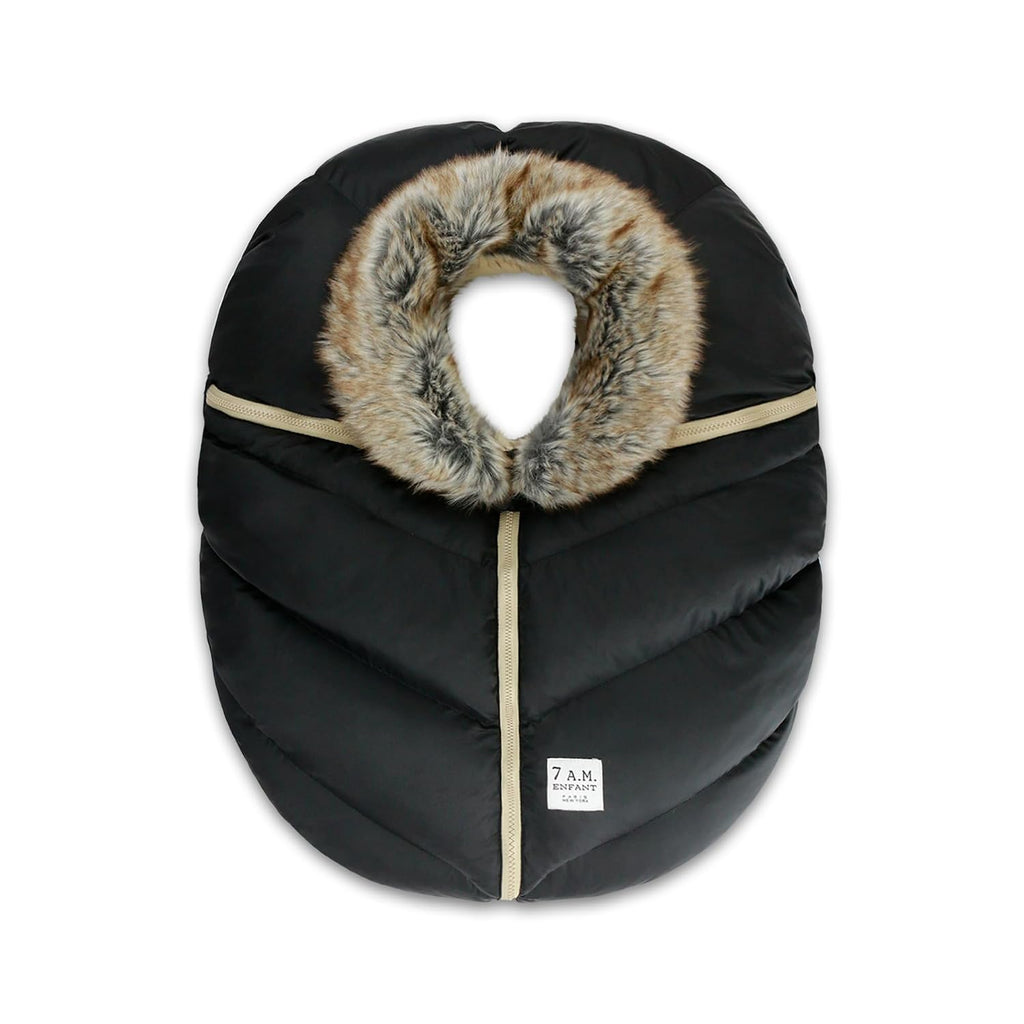 7AM Enfant Car Seat Covers - Cocoon Baby Cover for Boys & Girls, Rain & Snow Repellent, Breathable Windproof, Center Zipper, Universal Fit for Infant Car Seat (0-12M) (Black Faux Fur)