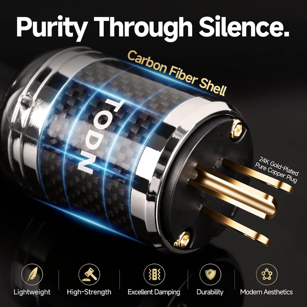 TODN HiFi Power Cable for Audiophile OCC-Cores Audio Power Cord with Carbon Fiber Shell, 24K Gold Plated 3 Prong Plug/IEC C15, Φ17.5mm, 4.9ft/1.5m