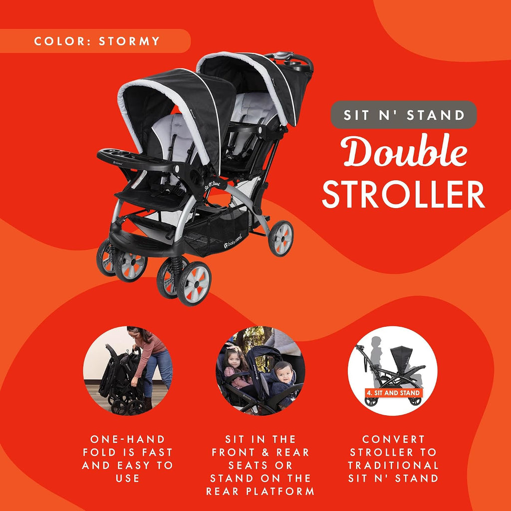 Baby Trend Double Infant and Toddler Stroller w/ Harness and Basket, Sit N' Stand, Stormy.