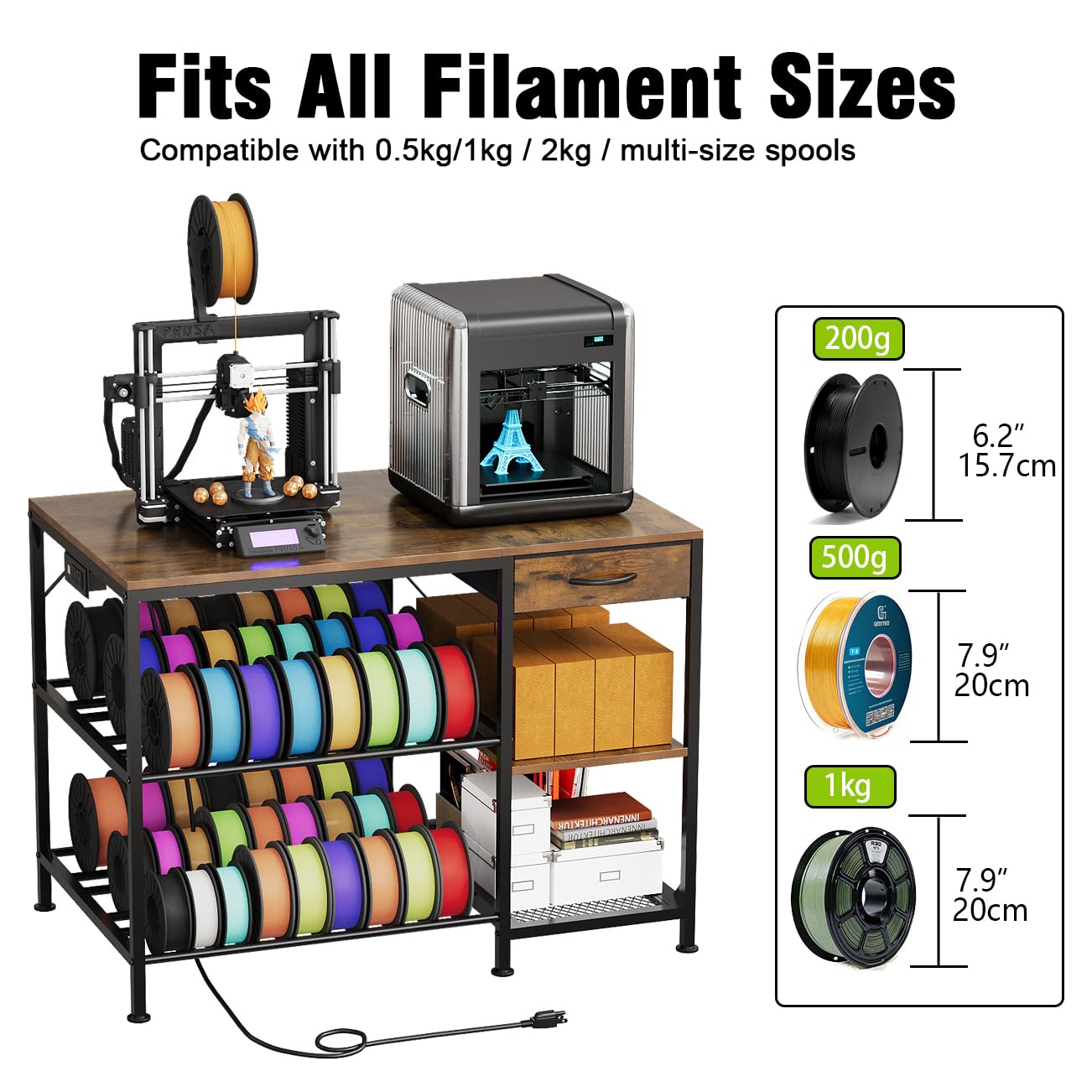 3D Printer Table with Filament Storage, 3-Tier 3D Printer Stand with Power Outlet & Drawer, Heavy Duty 3D Printer Rack for Workshop Studio Office (Brown)