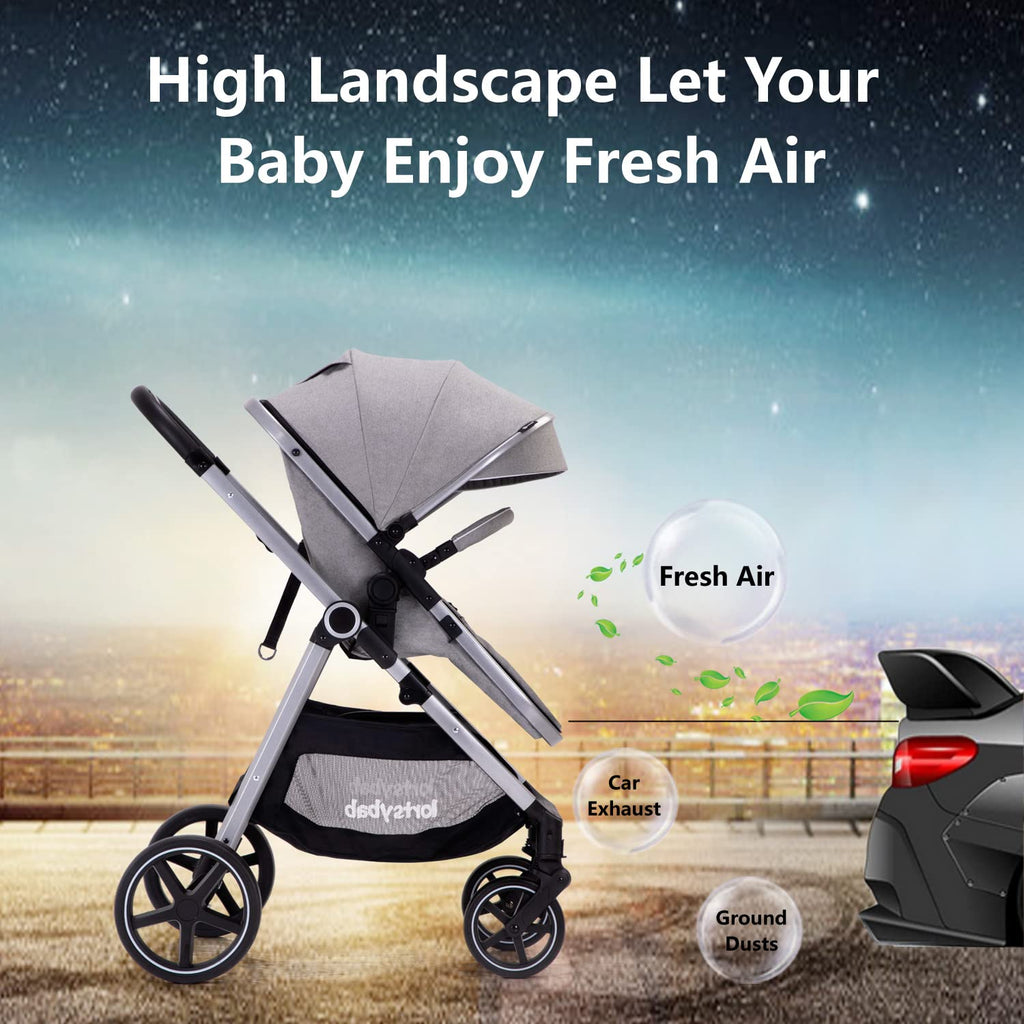 Lortsybab 2-in-1 Baby Stroller - Folding Infant Newborn Pram Stroller with Reversible Seat - Toddler Strollers for 0-36 Months Old Babies (Grey)