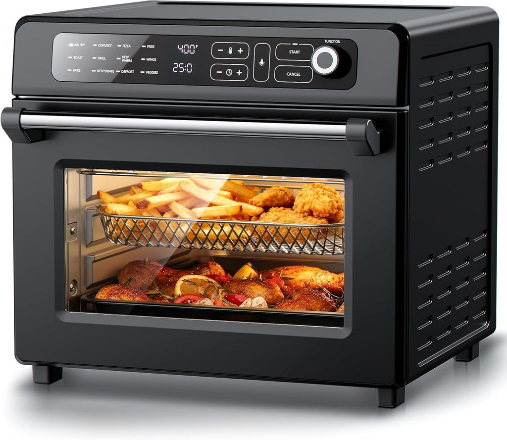 Electactic 25QT Air Fryer Toaster Oven Combo,12-in-1 Large Convection Airfryer Oven with 60-Minute Timer,70–450℉ Temperature Control,Roast & Broil, Fits 8-10″ Pizza(Black)