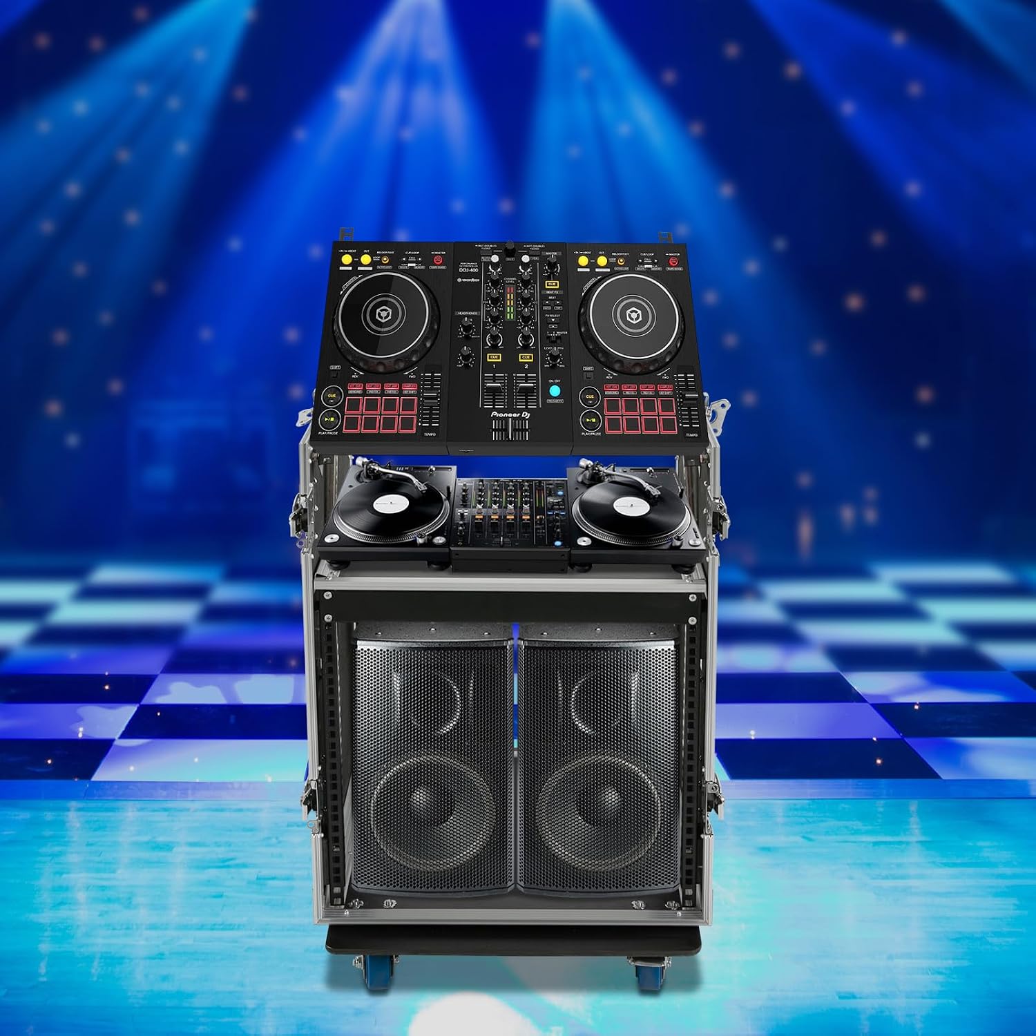 10U PA DJ Rack/Road ATA Case, Network & Stereo Rack with Slant Mixer Tops, 25'' Depth DJ Work Table Rolling Studio Equipment Cabinet, Amplifier Mixer Storage Stand for Pro Tour Grade, Live Sound