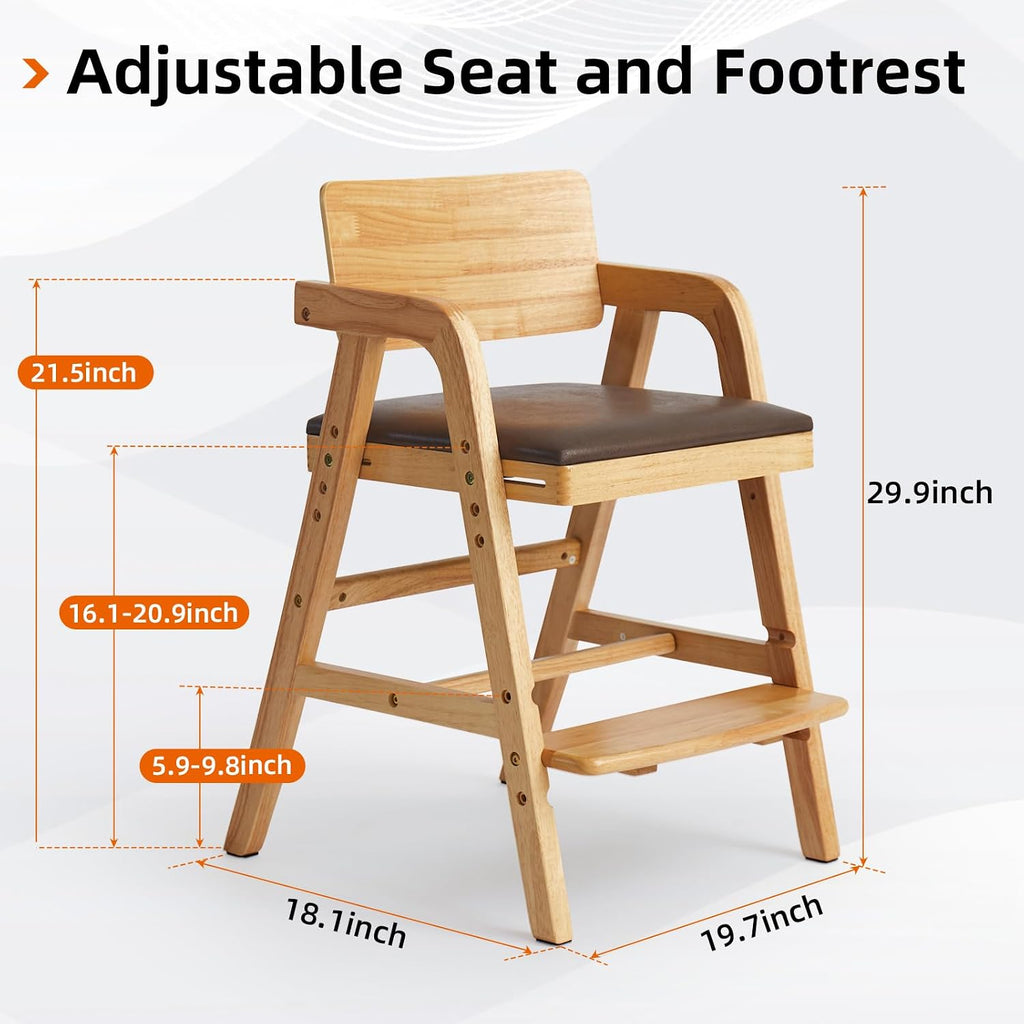 Wooden High Chair for Toddlers, Adjustable Baby Feeding Chair with Seat & Footrest, Grows with Child Dining Chair, Solid Wood Kids Learning Chair for Table, Study & Mealtime - Natural