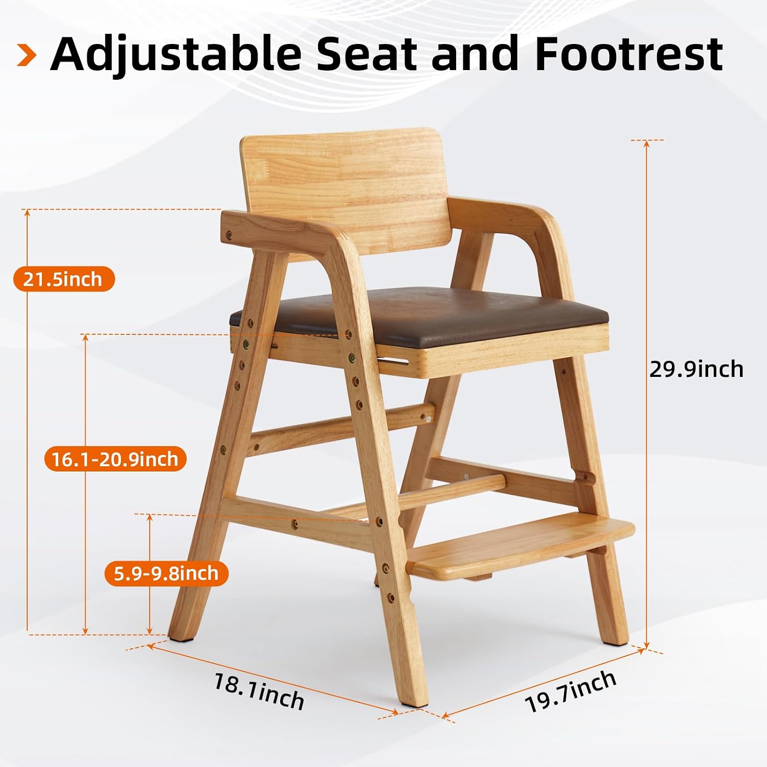 Wooden High Chair for Toddlers, Adjustable Baby Feeding Chair with Seat & Footrest, Grows with Child Dining Chair, Solid Wood Kids Learning Chair for Table, Study & Mealtime - Natural