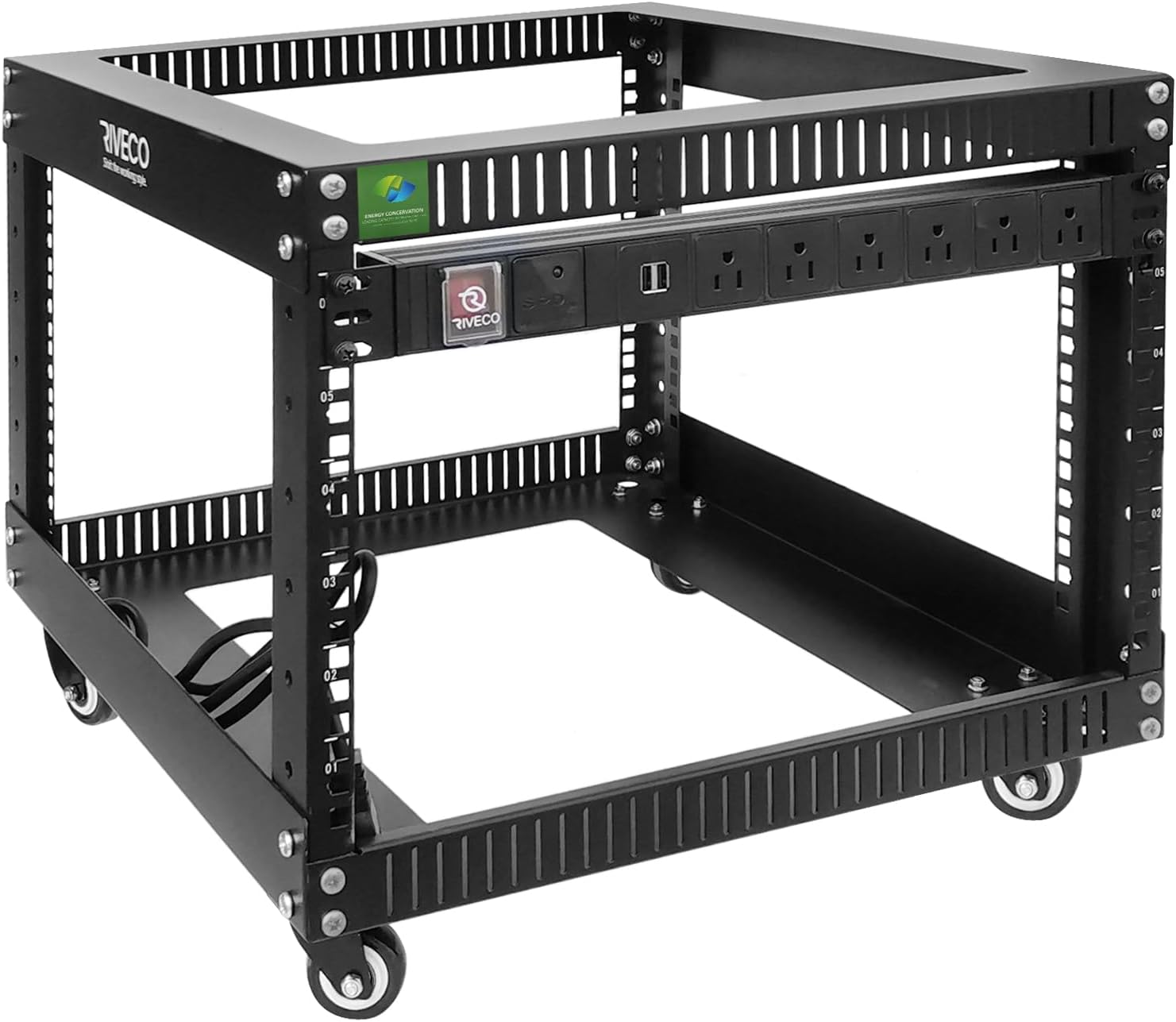 RIVECO 6U Server Rack with Wheels Open Frame Networking Rack+ PDU 8 Outlets Set Black