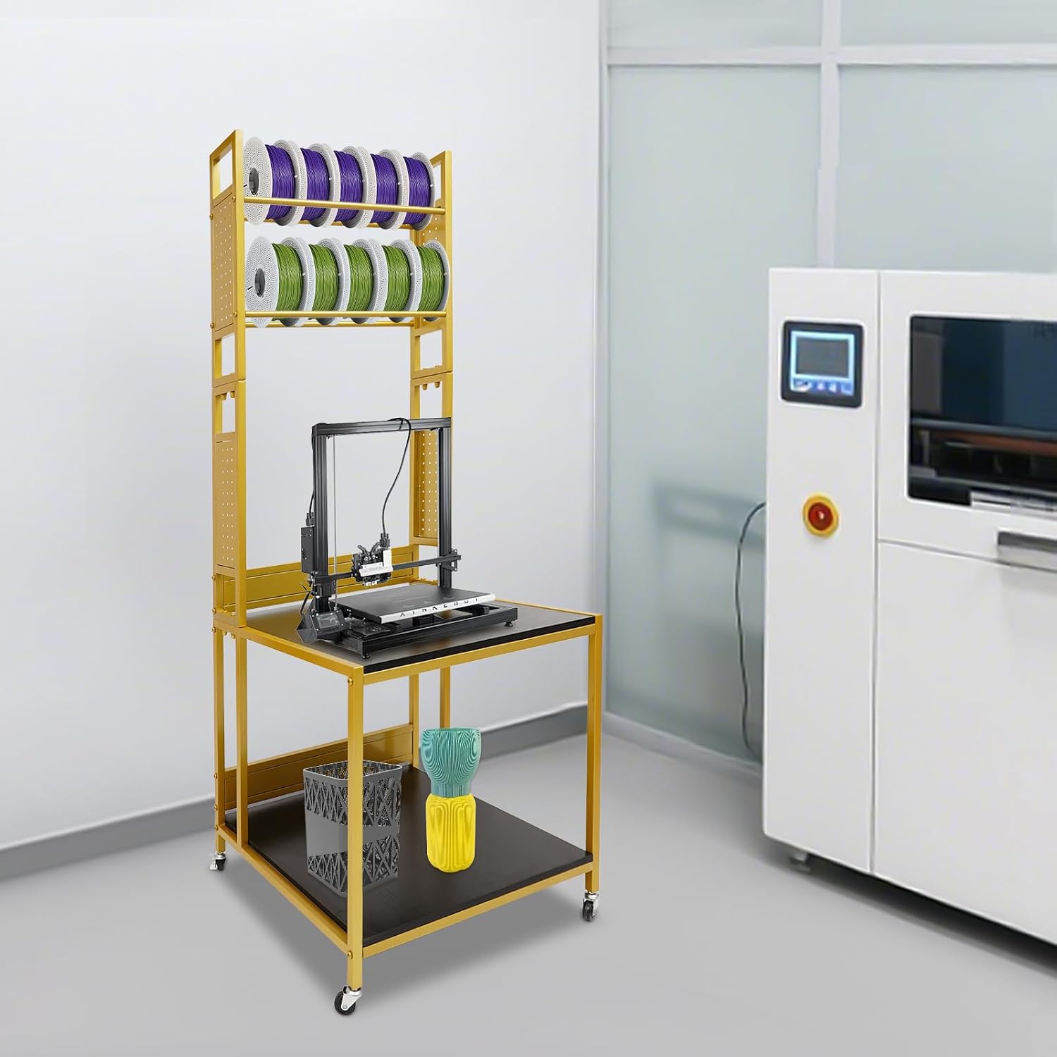 3D Printer Stand with Double Layer Printer Filament Storage Rack, Heavy Duty Mobile Table with 4 Wheels for Workshop Studio Office (Gold)
