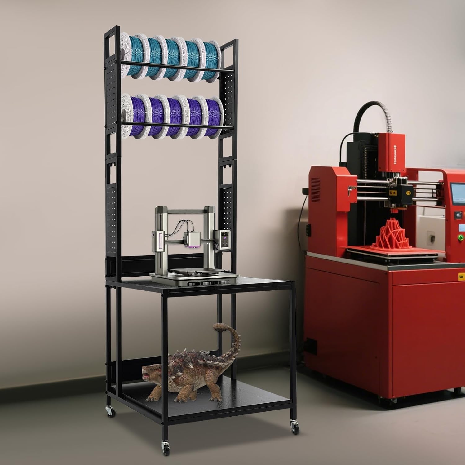 3D Printer Stand with Double Layer Printer Filament Storage Rack, Heavy Duty Mobile Table with 4 Wheels for Workshop Studio Office (Black)