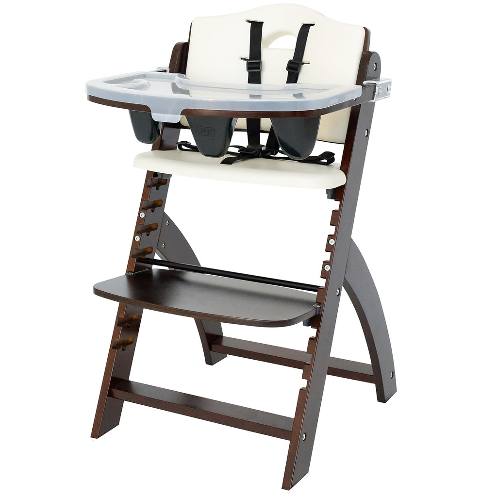Abiie Beyond Junior Wooden High Chair for Babies and Toddlers - Convertible 3-in-1 Baby Highchair with Removable Tray - 6 Months to 250 Lb - Water Resistant - Mahogany Wood/White Cushion