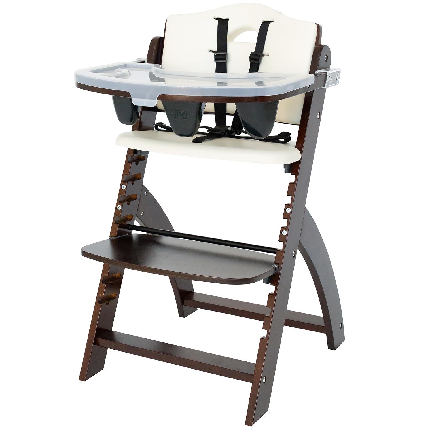 Abiie Beyond Junior Wooden High Chair for Babies and Toddlers - Convertible 3-in-1 Baby Highchair with Removable Tray - 6 Months to 250 Lb - Water Resistant - Mahogany Wood/White Cushion