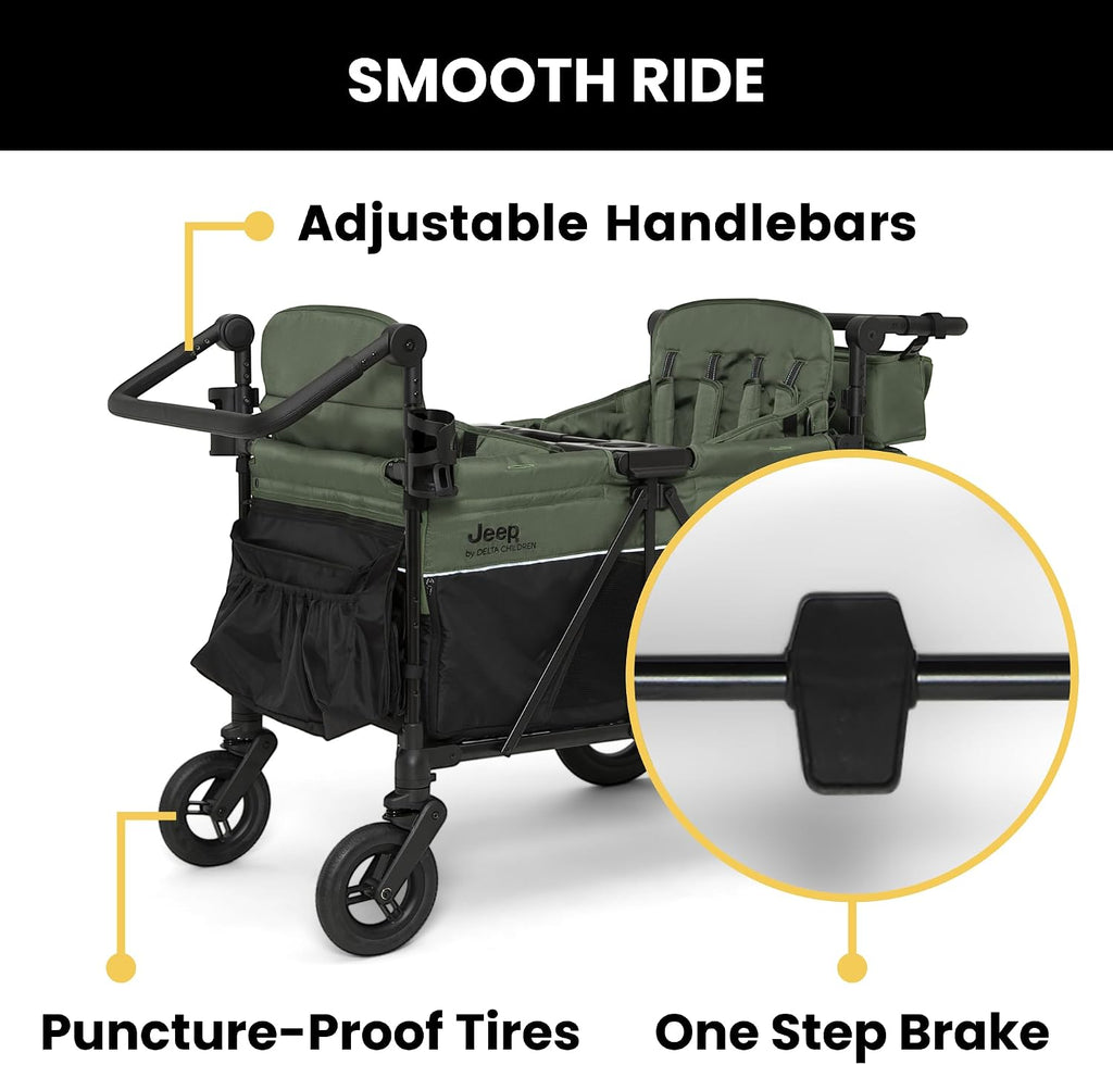 Delta Children - Jeep Wrangler Deluxe 4 Seater Stroller Wagon - Premium Quad Stroller Wagon for 4 Kids with Convertible Seats, Adjustable Push/Pull Handles, Removable Canopy & Flat Fold, Black/Green