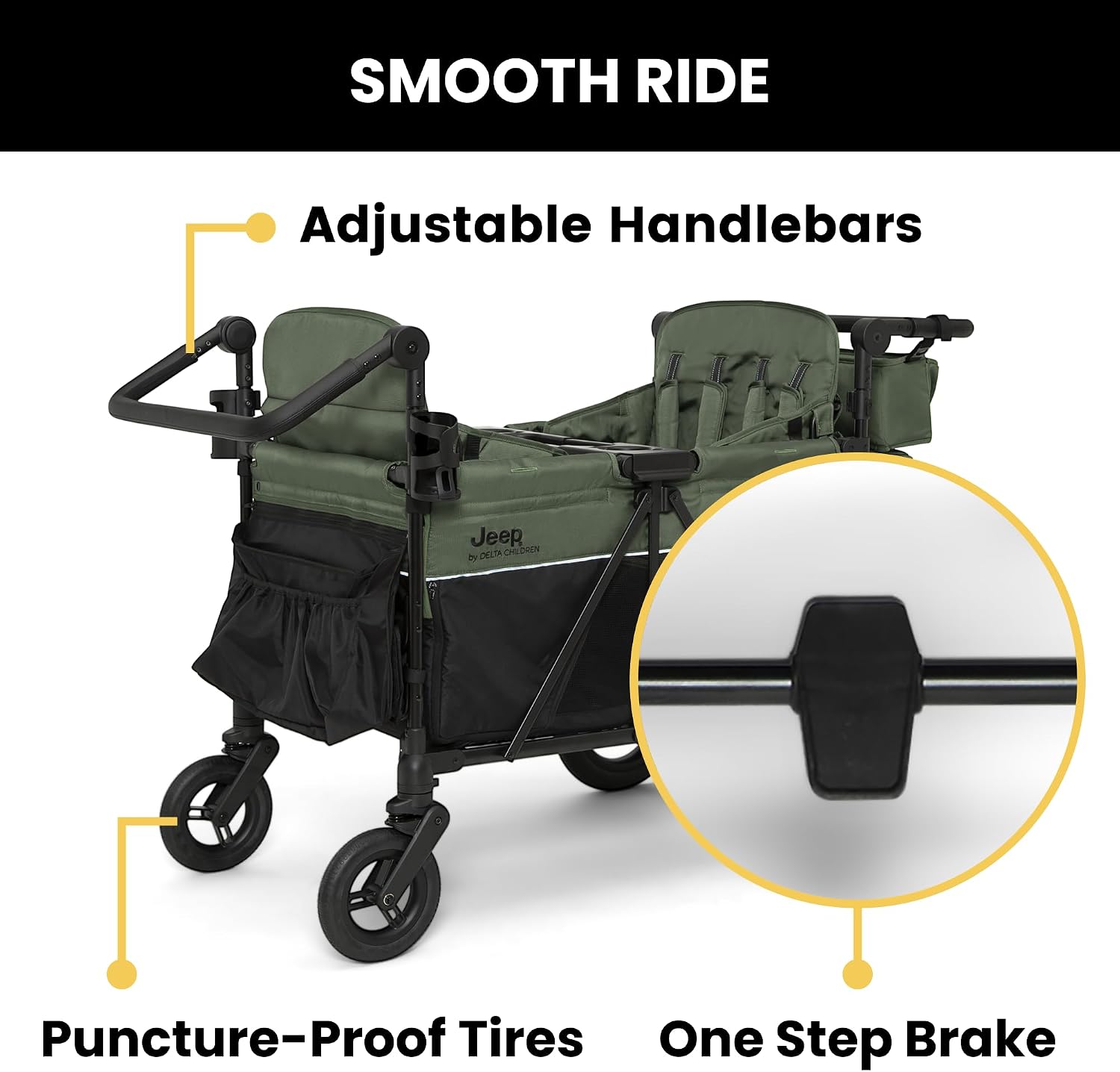 Delta Children - Jeep Wrangler Deluxe 4 Seater Stroller Wagon - Premium Quad Stroller Wagon for 4 Kids with Convertible Seats, Adjustable Push/Pull Handles, Removable Canopy & Flat Fold, Black/Green