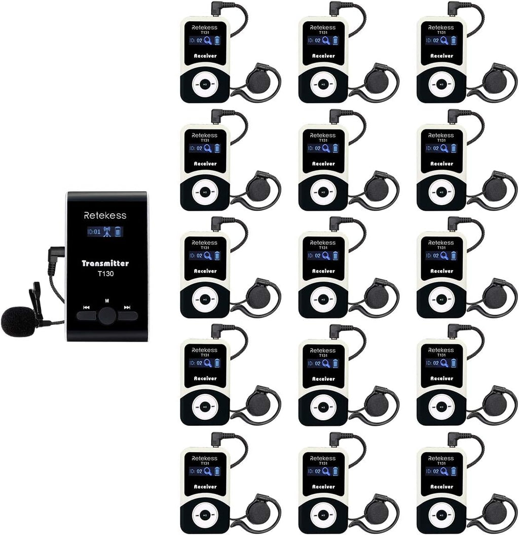 Retekess T130 Wireless Tour Guide System, Church Translation System, Easy to Set Up, Clear Sound Quality, Tour Guide Headsets for Plant Tour, School (1 Transmitter 15 Receivers)