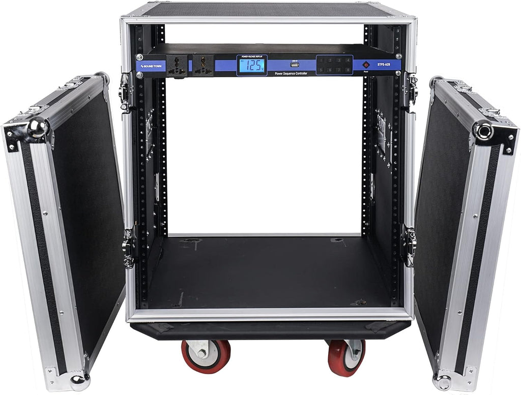 Sound Town PA DJ Combo with 12U Rack/Road ATA Case w/Casters, One 10 Outlet AC Power Conditioner/Sequencer (STRC-12PSA28)