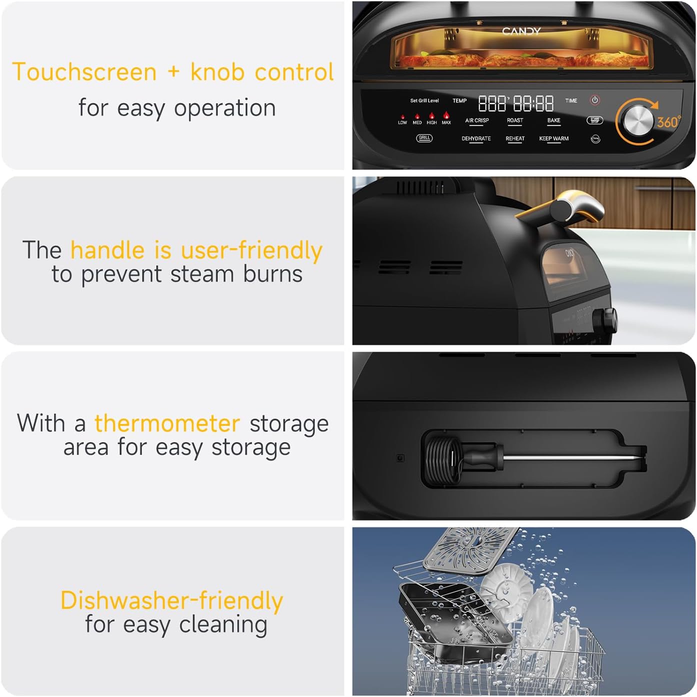 Candy Indoor Grill & Air Fryer with Ceramic Accessories, 500°F Max, 7-IN-1 Digital Display, 5.2 QT Electric Low Smoke with View Window, Smart Thermometer, Crisp, Roast & Dehydrate, Easy Clean, 1500W
