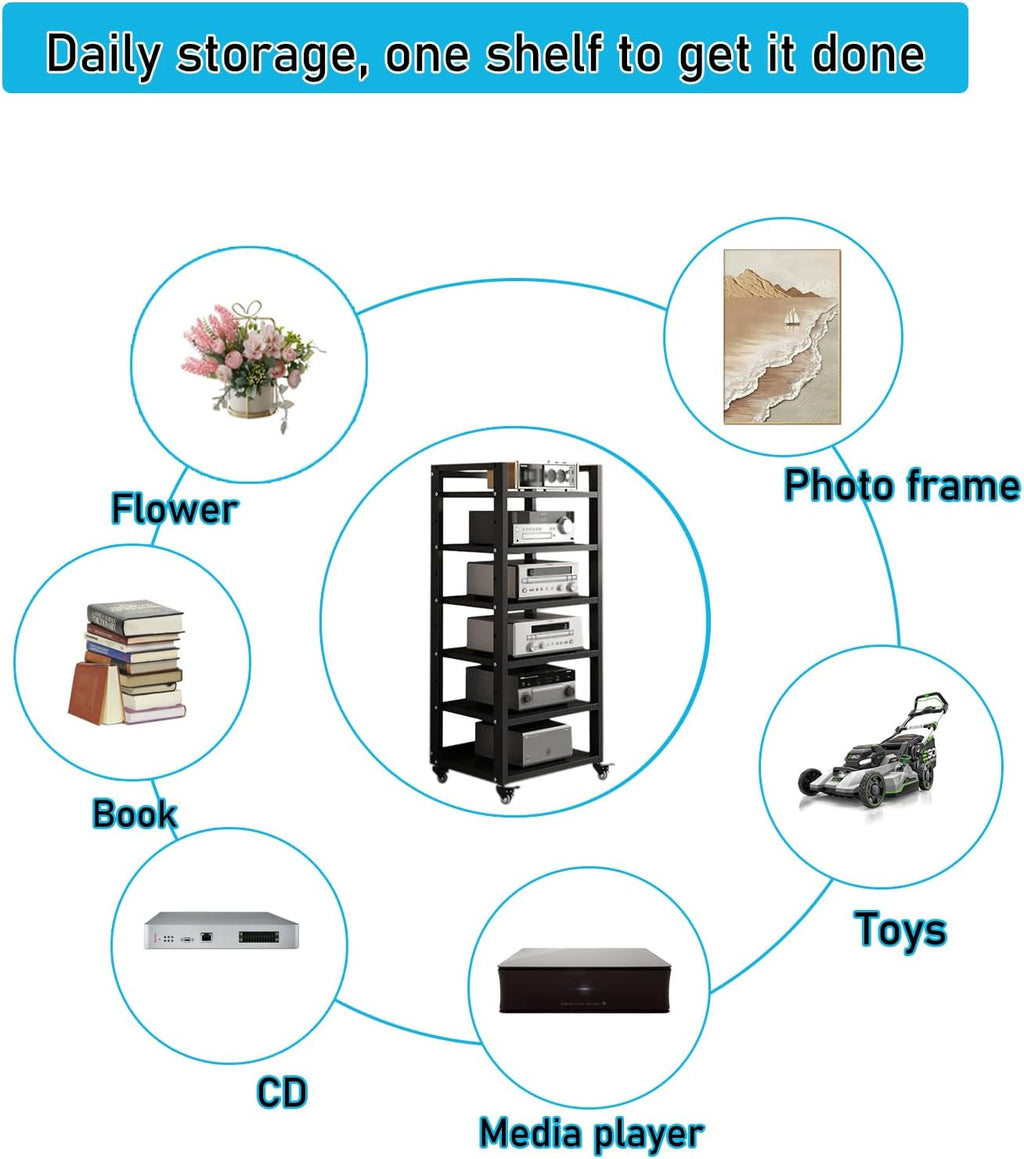 6 Tier Audio Rack Tower, CD Record Player Stereo Receiver AV Equipment Cabinet Display Rack, Weight Capacity 661 lbs, with Adjustable Wooden Shelves for Home (6 Tier Black)