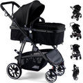 Baby Stroller, 2-in-1 Reversible Toddler Seat with Lie-Flat Mode, Foldable Infant Stroller with Canopy, One Button Brake, Adjustable Handle, Newborn Pushchair (Black B)