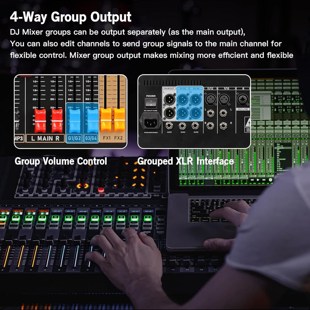 24 Channel Multi-Input Audio Mixer, High Capacity Mixing Console with USB Interface, 99 DSP Effects, 48V Phantom Power, XLR Inputs for Complex Audio Setup