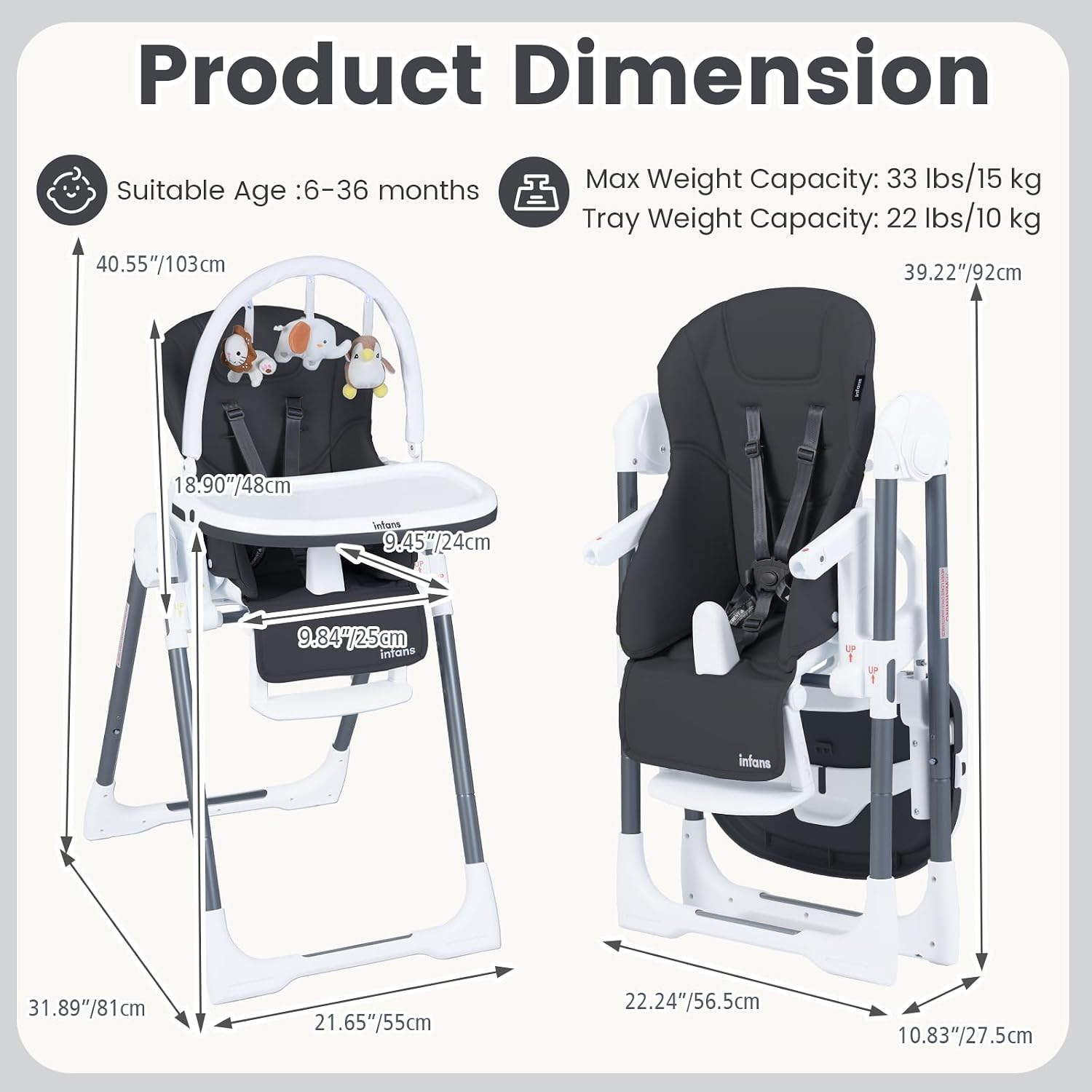 INFANS High Chair for Babies and Toddlers, Foldable Highchair with 7 Different Heights 4 Reclining Backrest Seat 3 Setting Footrest, Removable Tray Built-in Rear Wheels with Locks
