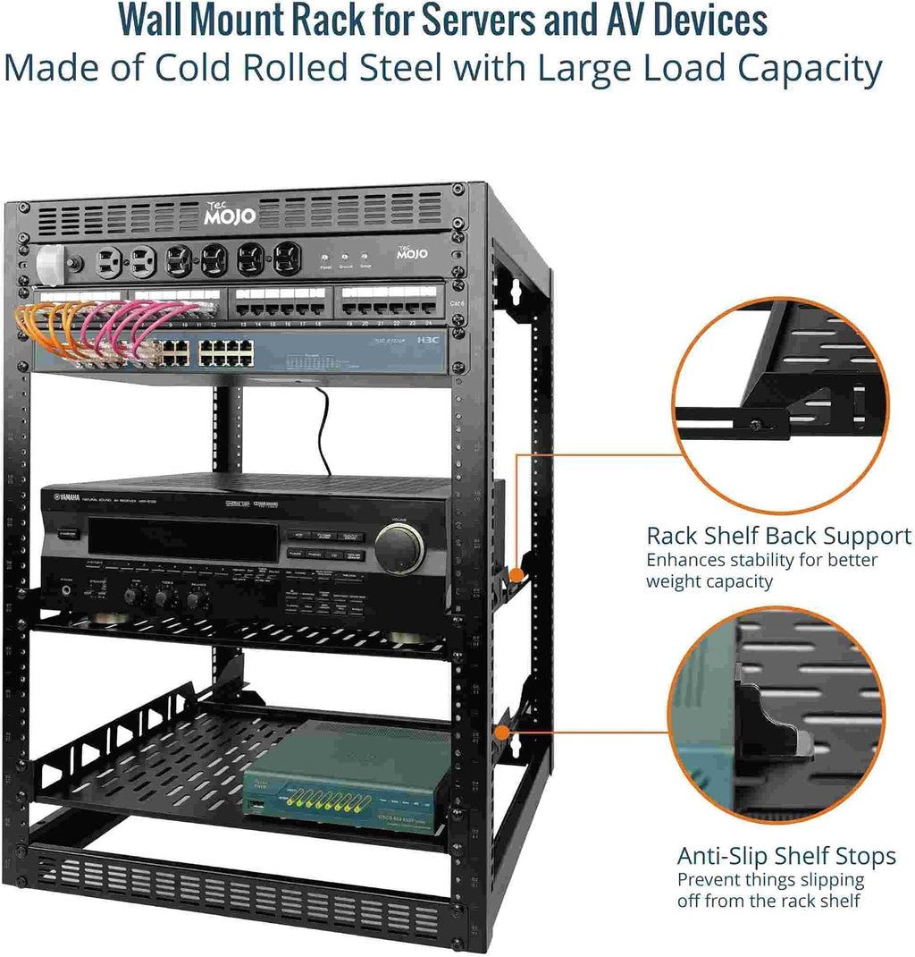 Tecmojo 16U Open Frame Network Rack for IT & AV Gear, AV Rack Floor Standing or Wall Mounted,with 2 PCS 1U Rack Shelves & Mounting Hardware,Network Rack for 19' Networking,Audio and Video Device