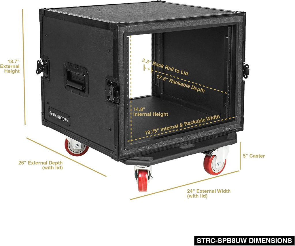 Sound Town Black Series Shock Mount 8U ATA Plywood Rack Case with 21' Rackable Depth, All-Black Anodized Hardware and Casters, Pro Tour Grade (STRC-SPB8UW)
