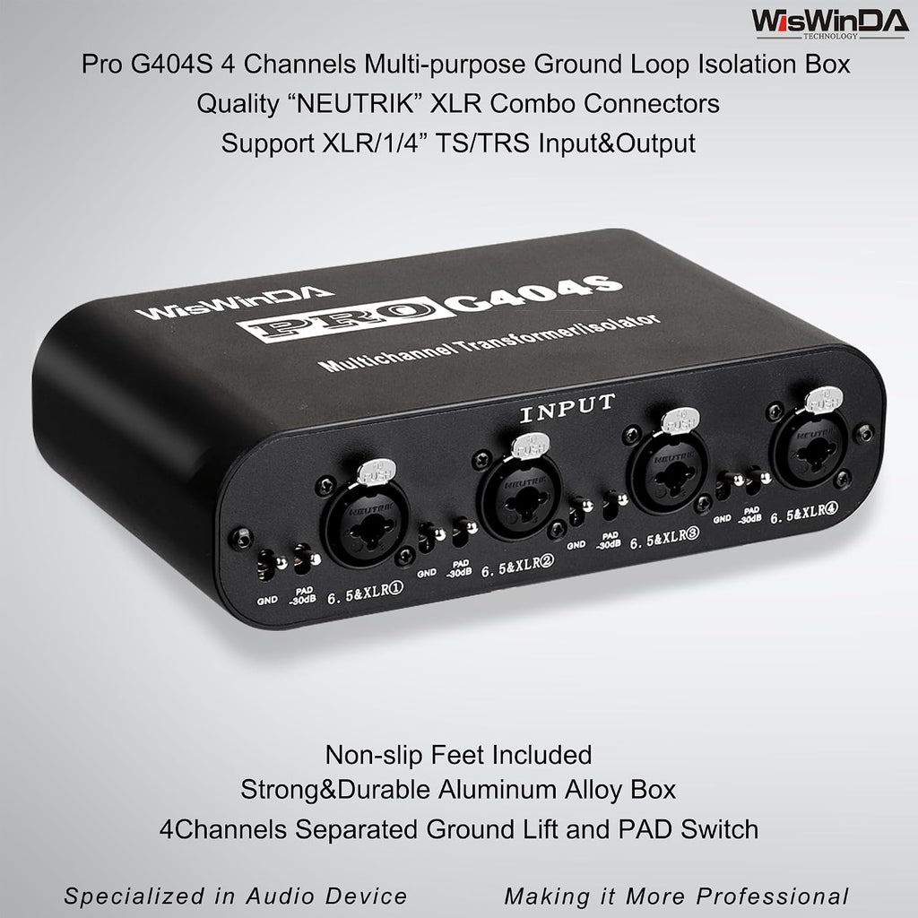 4Channels Pro G404s XLR/TS/TRS/1/4' Passive Hum Eliminator Direct Box for Audio Equipments Ground Loop Isolator Noise Filter for Different Audio Systems Using (Pro G404S)